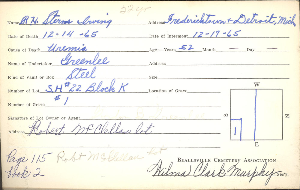 R. H. Sterns Irving burial card